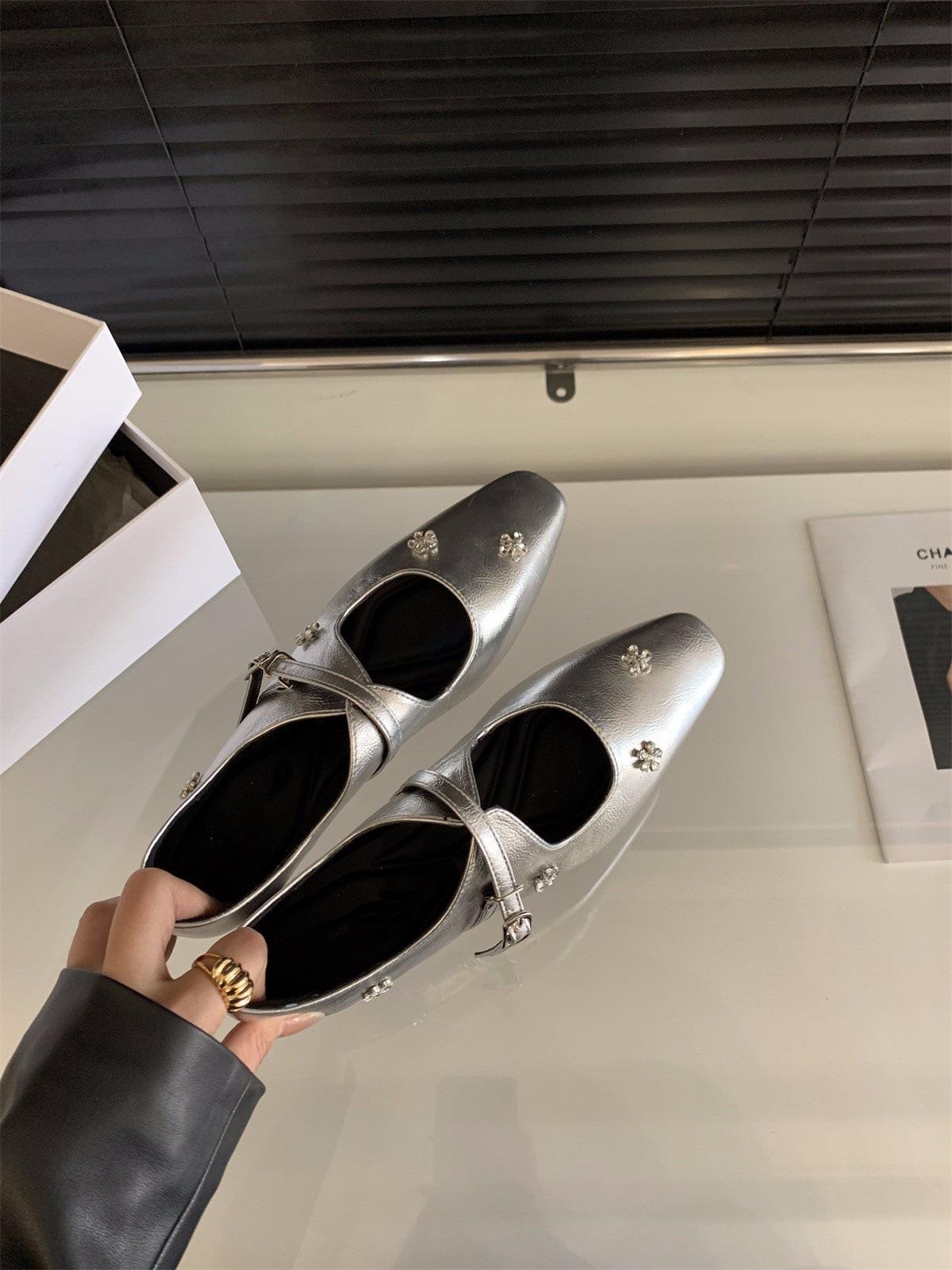 

Square head silver Mary Jane single shoes women s shoes spring temperament rhinestone with skirt shoes 40 серебряный