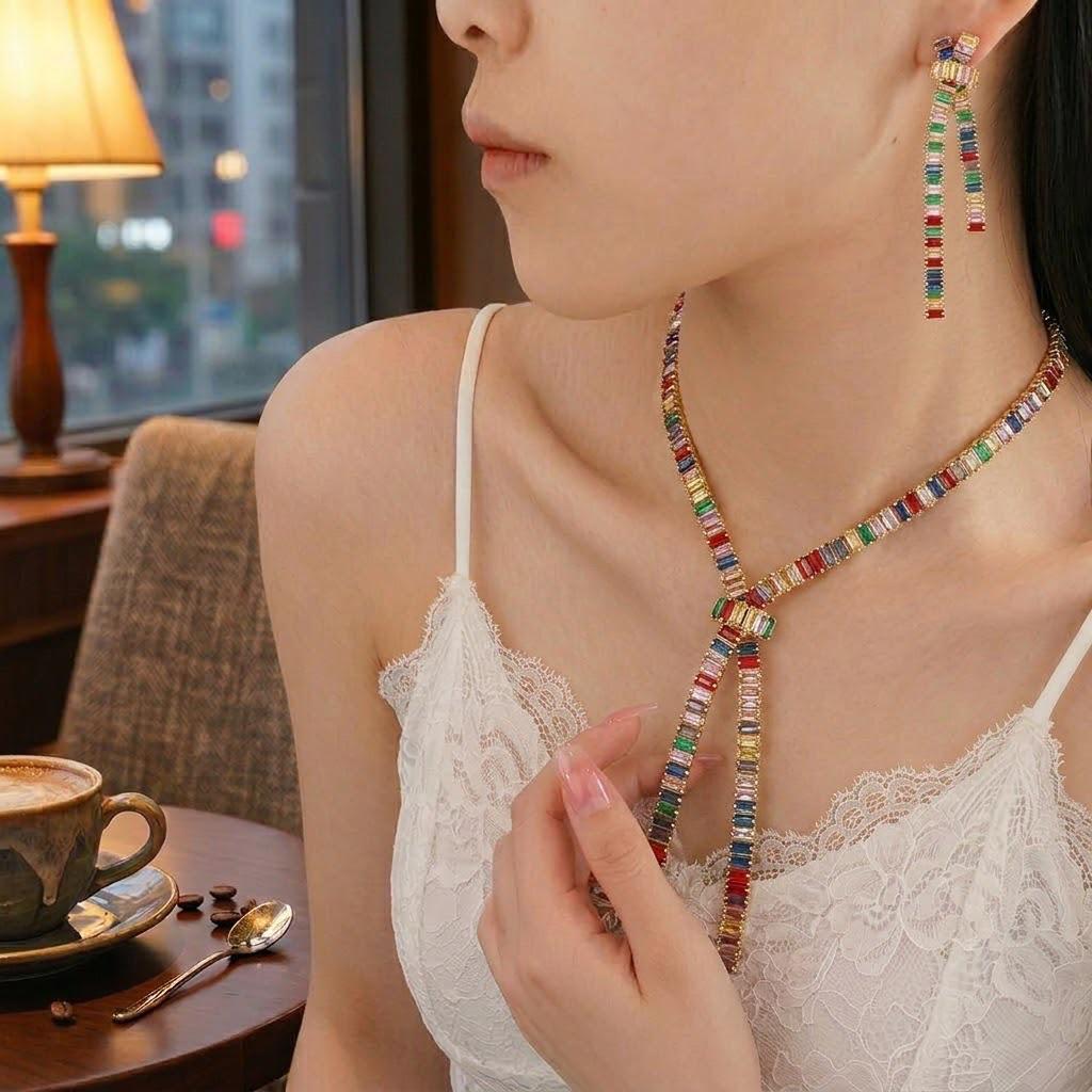 Colorful Bow Zircon Earrings & Necklace Set - Fresh Fashion Trend Jewelry