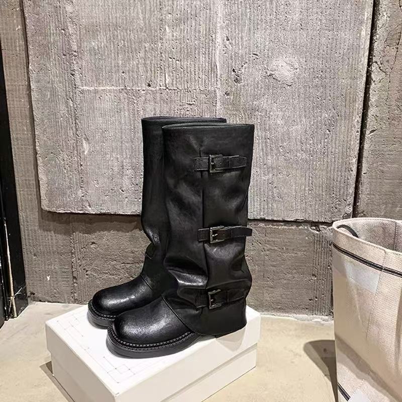 [Ruodan] Spice Girls Pants Boots~ 6.5cm Height Increasing Buckle Mid Tube Western Knight Boots Women's Pile Boots
