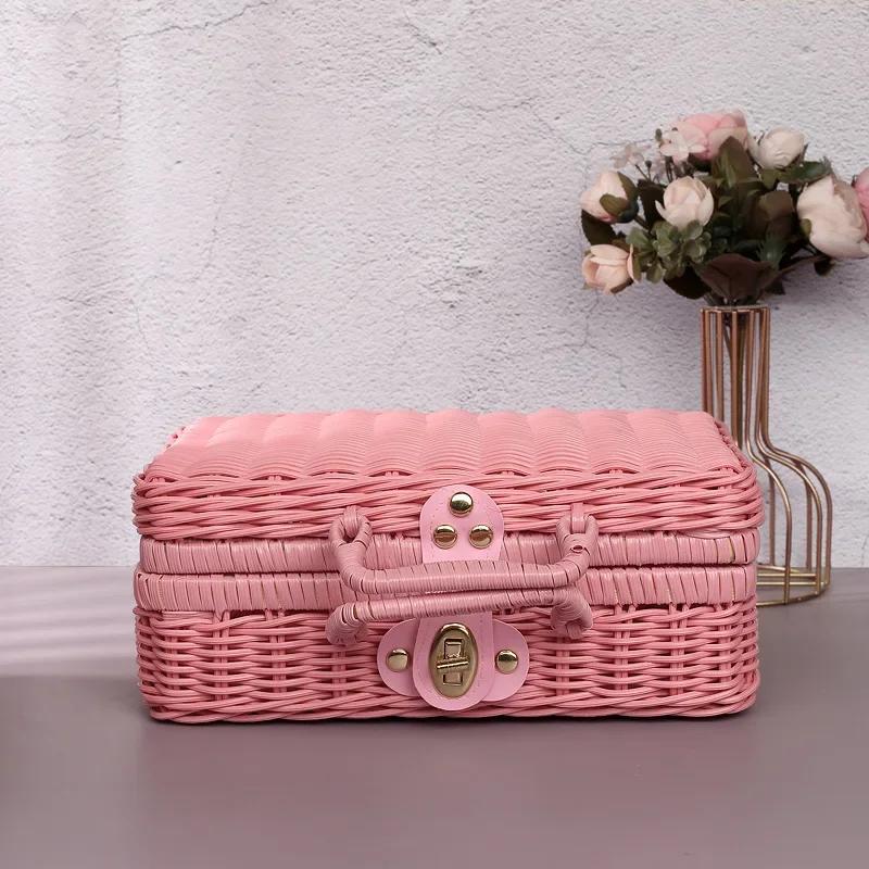 Portable PP Rattan Baskets Picnic Storage Basket Retro Wicker Suitcase Woven Hand Gift Box Sundries Cosmetic Organizer Boxs