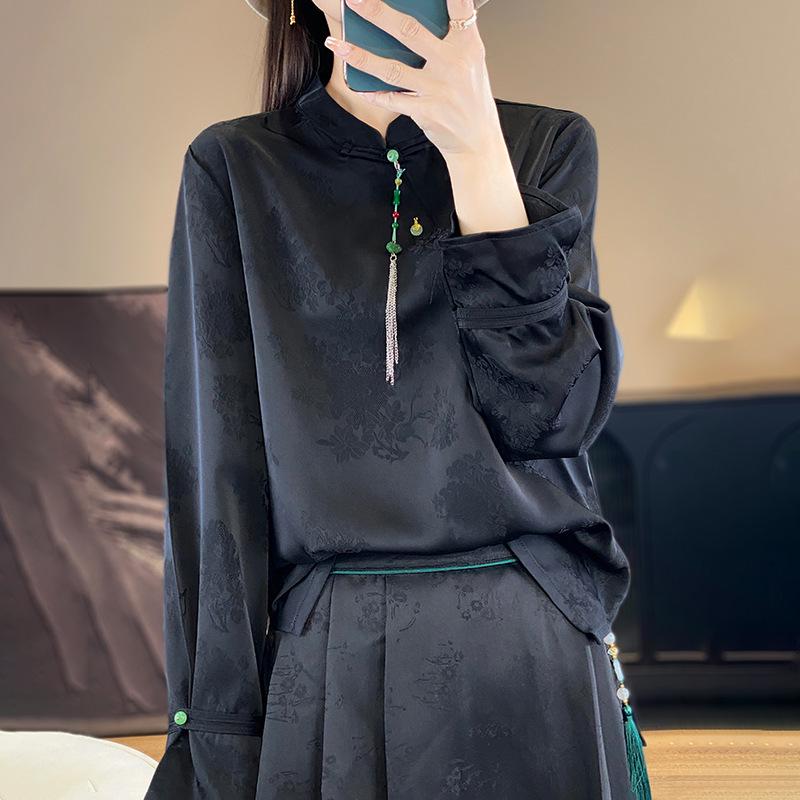 Silk Satin 2026 Spring/Summer Women's Floral Stand Collar Long Sleeve Top