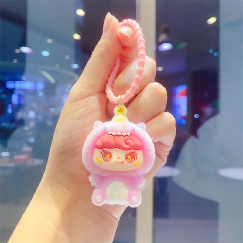 Creative Flocking Sitting Position Girl Tide Play Cute Doll DIY Keychain Schoolbag Pendant Keychain Pendant