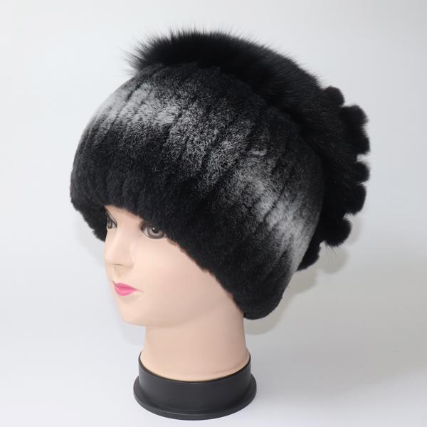 

Зимова якісна трикотажна шапка з натурального хутра кролика Рекса Шапка з хутра лисиці Розкішні шапки з натурального хутра Жіноча тепла шапка зі 100% справжнього хутра кролика Рекс Good elasticity(52cm-60cm темно-синього кольору/білий