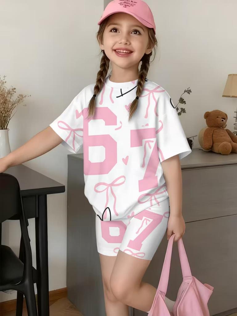 Summer Italian Brainrot 67 Six Seven Cartoon Print Sports Children's Set Short Sleeved Shorts 2PCS Set Girls Casual T-Shirt Set