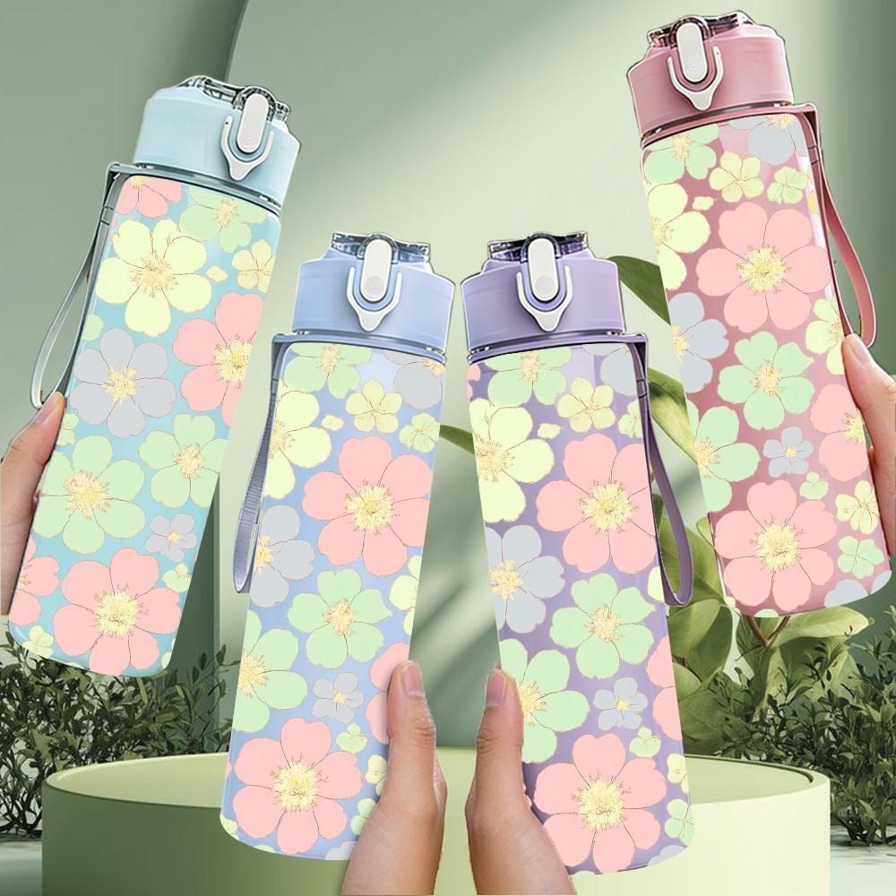 1PC Soft Pastel Floral Seamless Print 750ml Color Plastic Sports Water Bottle Leakproof Flip Straw Lid Suitable for Sports Office Home Use