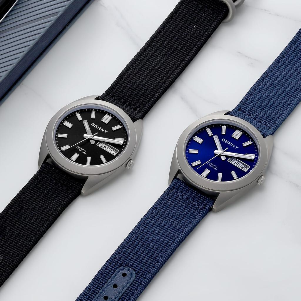 BERNY Men's Titanium Analog Quartz Watch, Japanese VJ53 Movement, 10 ATM Waterproof, Sapphire Glass, Super Luminous, Calendar, Blue Dial