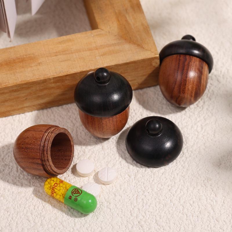 Mini Solid Wood Medicine Pill Box Portable Sandalwood Pill Tablets Case Storage Sealed Can Pinecone Nut Shaped Keychain Pendants