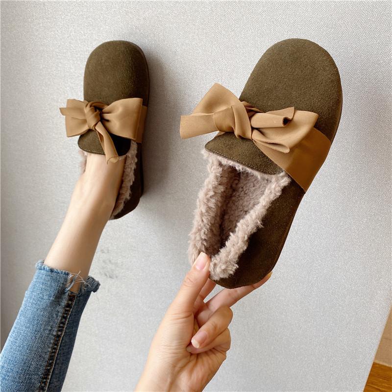 Fashion Nubuck Cow Leather Flats Woman Silk Bow-knot Furry Loafers Ladies Plush Winter Shoes Plus Size 35-42 Genuine Leather Moccasins