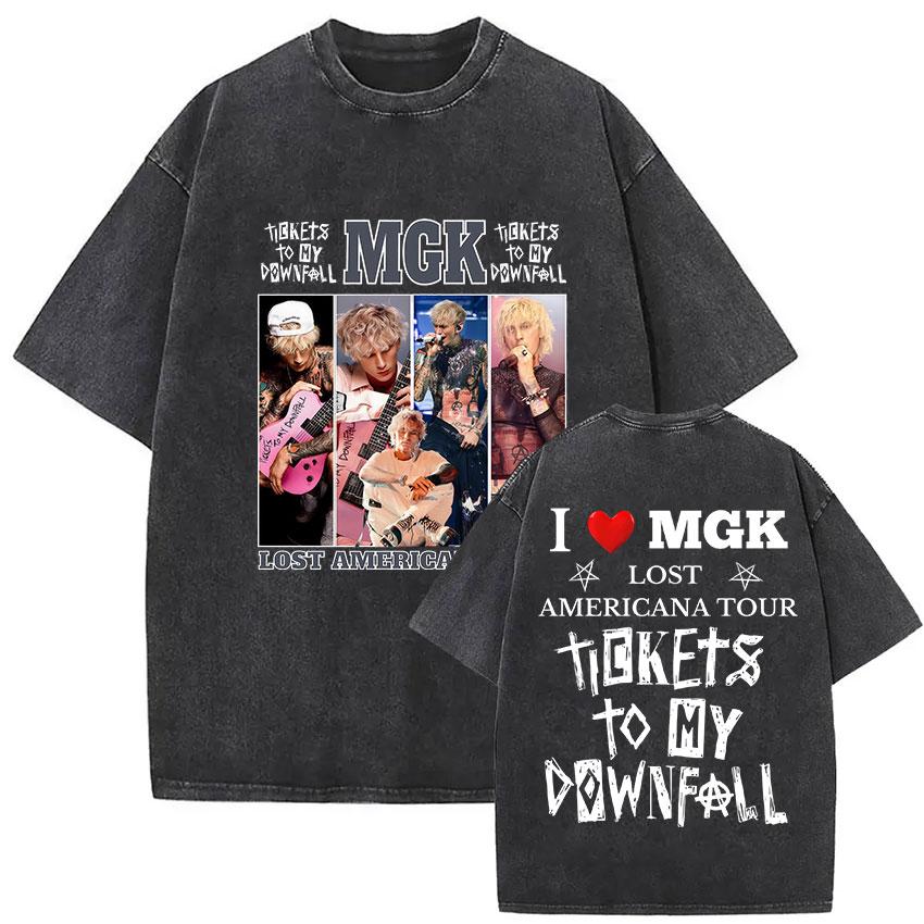 Vintage Washed MGK Lost Americana Tour  Print Tshirt Men Women Harajuku High Quality Fashion Oversized  T Shirts