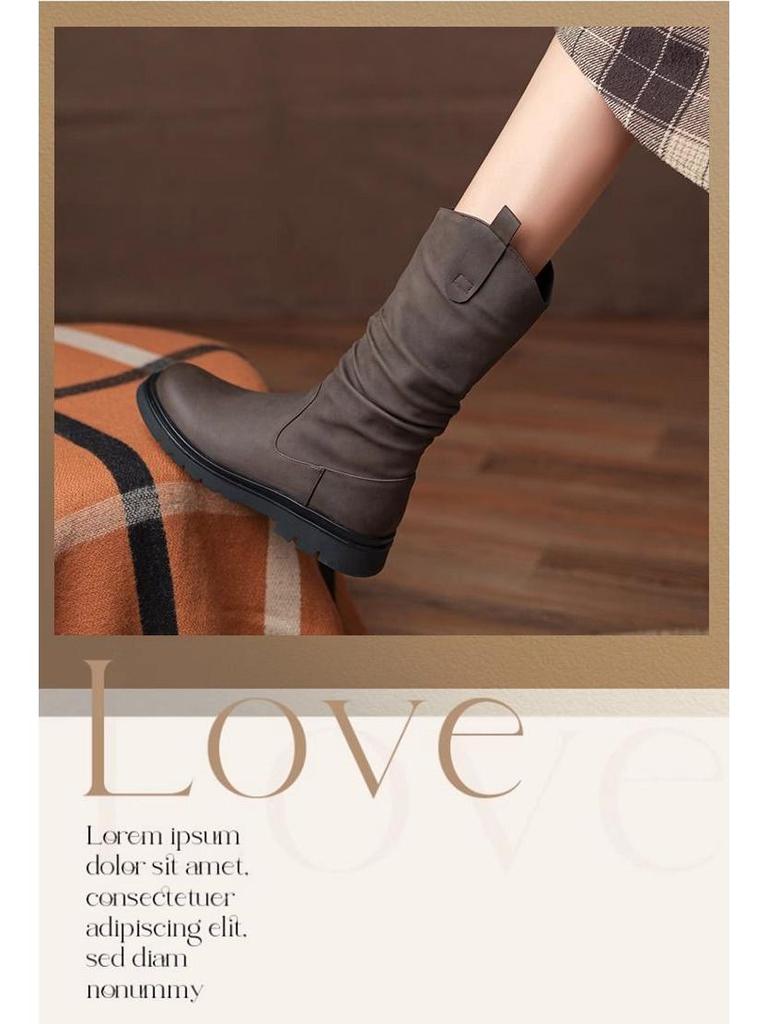 Dámské kozačky do půli lýtka s plochým podpatkem 2025 - Nový jarní a podzimní styl se sametovou podšívkou, ideální k sukním