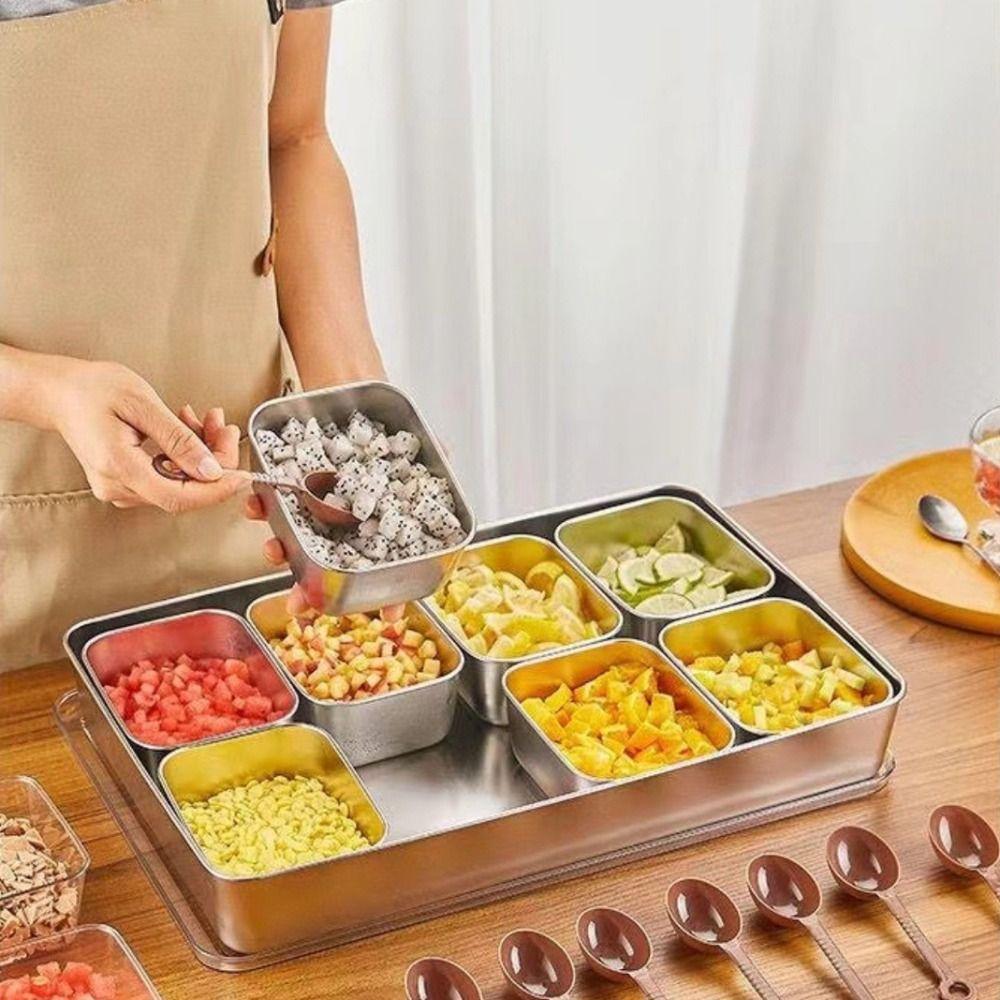 Stainless Steel Storage Seasoning Box 6 & 8 Grid with Lid and Fork Condiment Boxes PC Cover Chilled Condiment Server