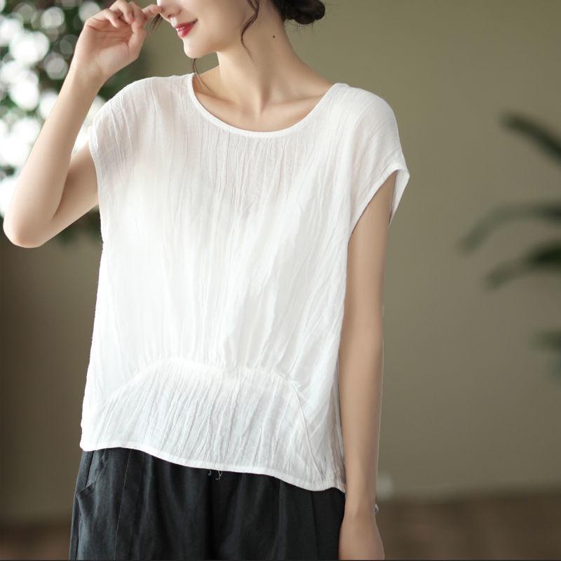 Women's Stylish Summer 2026 Solid Color Tencel Shirt - Loose Fit, Round Neck, Short Sleeves