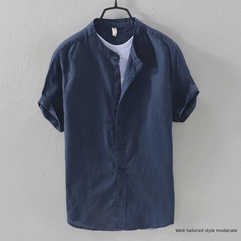 Men's Summer Casual Cotton-Linen Short Sleeve Stand Collar Shirt - Dark Blue Retro Chinese Style