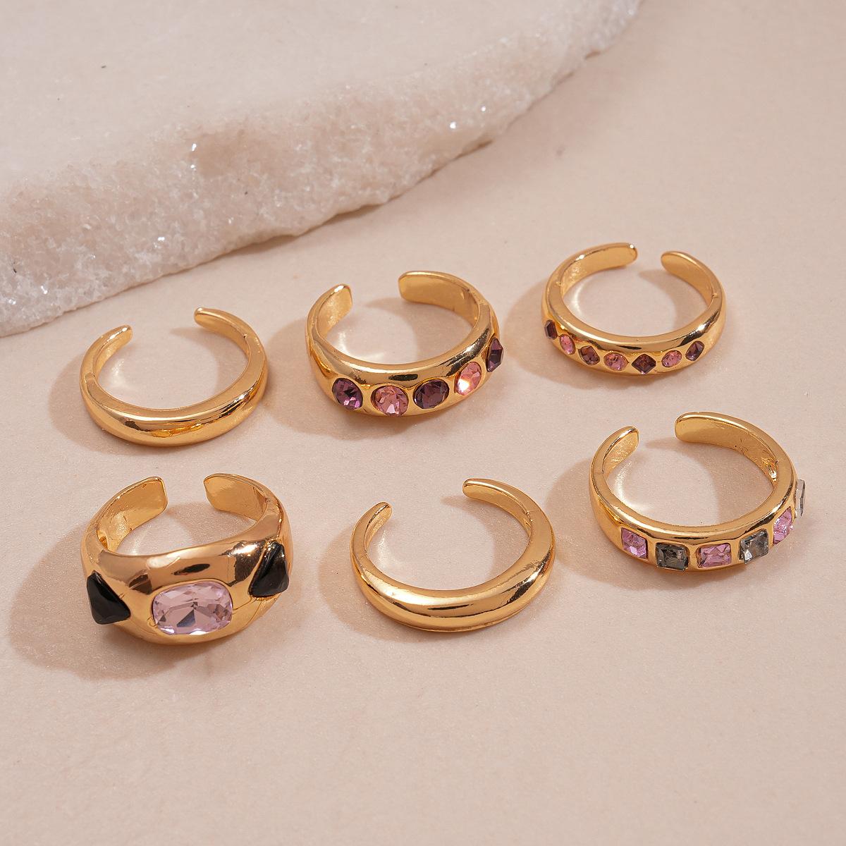 Six-piece set of diamond-set geometric round square open ring retro jewelry