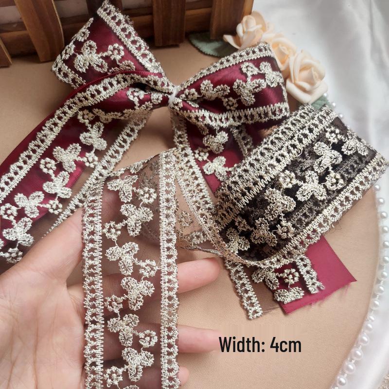 Beige 4cm Embroidered Lace Trim Bow for Hair Accessories, Lolita Ornaments, Bouquet Decoration, Ribbon Craft.