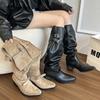 Fashion Hot Girls Footwear Street Style Pleated Long Boots Pointed Toe Slip on Black Khaki Knee-High Mid Heel Autumn Boots for Woman 35