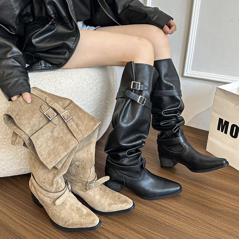 Fashion Hot Girls Footwear Street Style Pleated Long Boots Pointed Toe Slip on Black Khaki Knee-High Mid Heel Autumn Boots for Woman 35