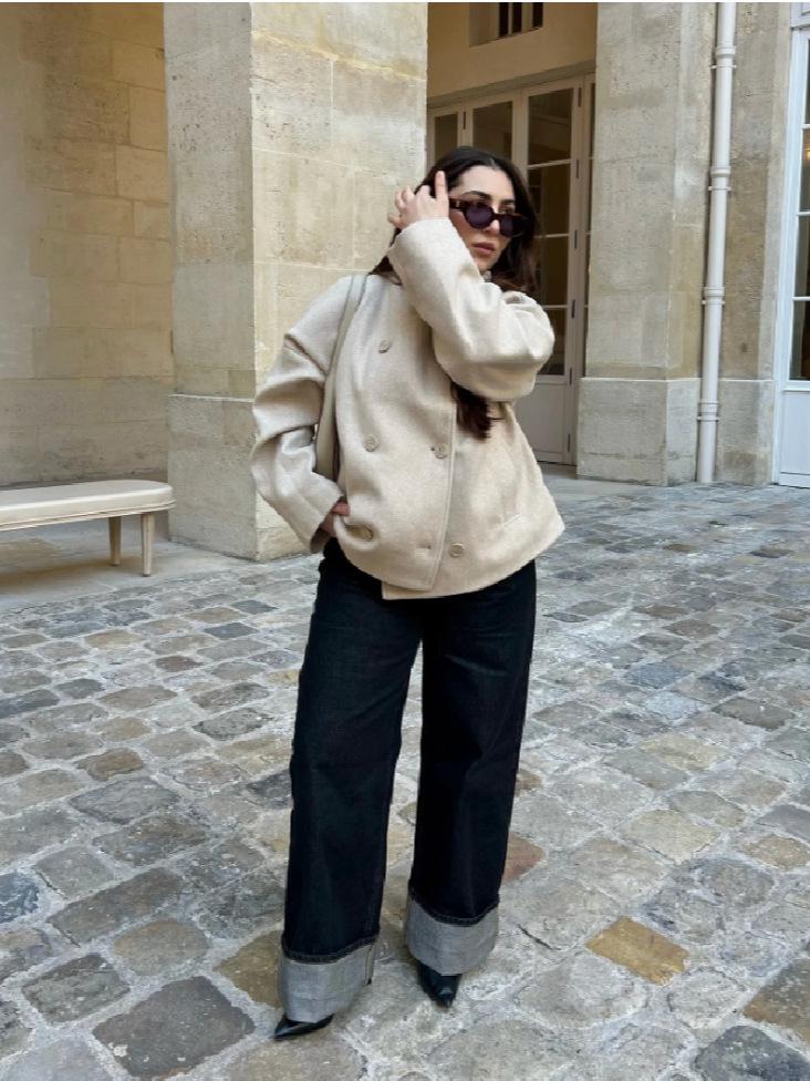 2025 Autumn/Winter Women's Solid Color Double-Breasted Wool Coat with Stand-Up Collar