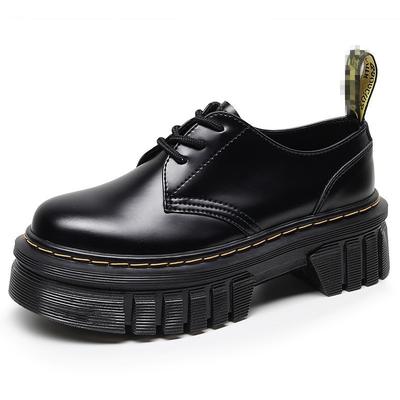 Thickened Bottom Hole Martin Shoes Women's Low Top, Leather Tire Sole Round Head Casual Student Muffin Short Boots