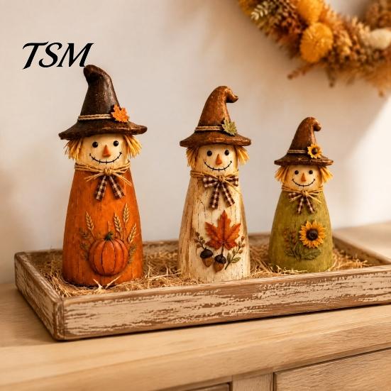 Festival Atmosphere Room Accessories Vintage Resin Scarecrow Figurines, Fall Harvest Pumpkin Sunflower Maple Cute Wizard Hat Ornaments Leaf