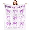 God Says I Am Blanket - Inspirational Religious Catholic Spiritual Gifts & Baptism Gifts for Girl Purple Bow Bible Verse Blanket