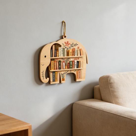 Wooden Bookshelf Ornament Animal Shaped Bookshelf Christmas Ornament Owl/Highland Cow/Elephant Figurine Bookish Gifts for Book Lovers Readers