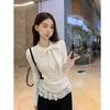 Niche Sexy Bow Long-Sleeve Lace Splice Slim Fit Top for Early Autumn