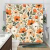 1 Cortina de chuveiro floral vintage com flores macias em tons de laranja, branco e bege e folhas verdes, fundo bege claro, poliéster