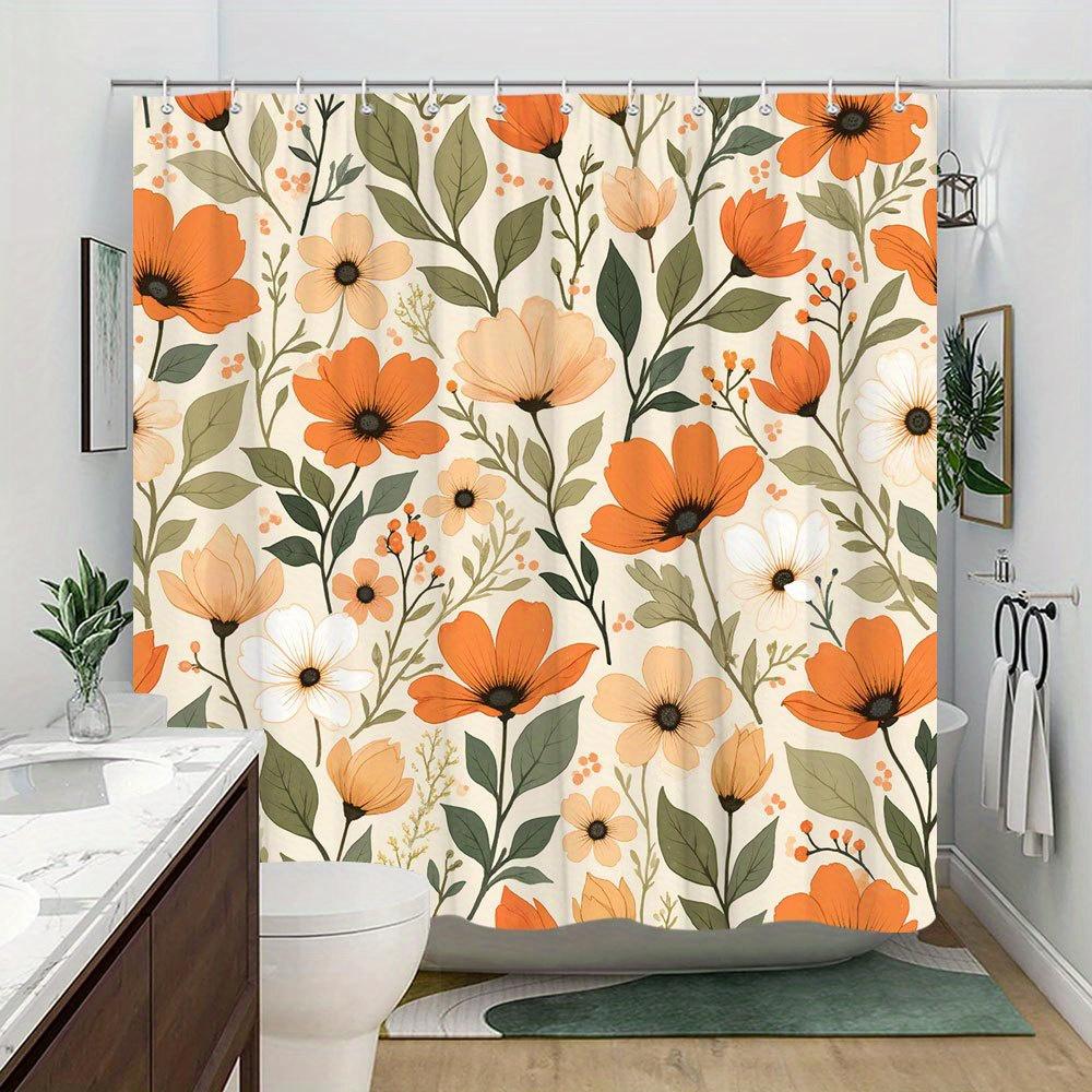 1 Cortina de chuveiro floral vintage com flores macias em tons de laranja, branco e bege e folhas verdes, fundo bege claro, poliéster