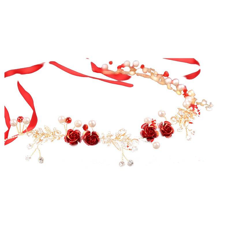 Fascia Rossa da Sposa Coreana con Rosa e Strass per Matrimonio