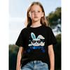 European Sizes Children Girls and Boys Cartoon Style Rabbit Pattern T-Shirt - Stylish Black Background, Trendy Sunglasses Rabbit, Hoppy Easter Design