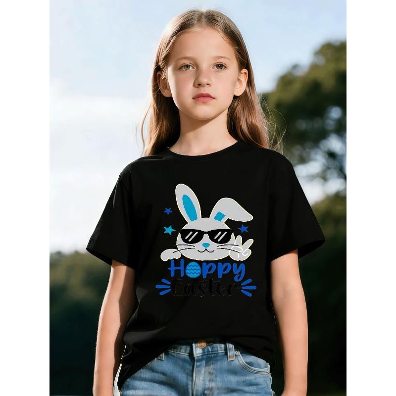European Sizes Children Girls and Boys Cartoon Style Rabbit Pattern T-Shirt - Stylish Black Background, Trendy Sunglasses Rabbit, Hoppy Easter Design