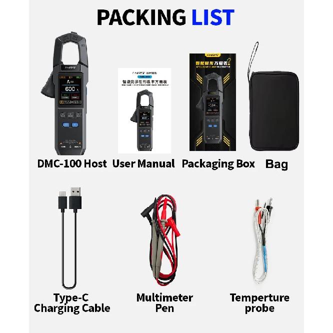 FNIRSI DMC-100 10000 Counts DC AC Current USB rechargeable Clamp Meter Digital Multimeter 600A Amperimetric Clamp NCV Meter Tool