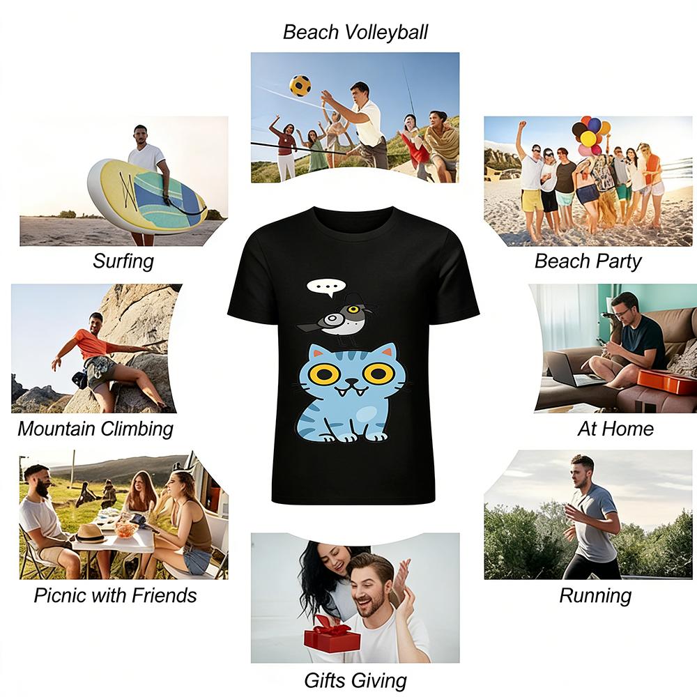 Funny Bird Cat Print T-shirt Casual Loose Fit Unisex Top Cute Animal Pattern Tee Pure cotton T-shirt
