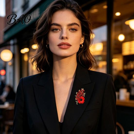 Women Memorial Jewelry Never Forgotten Victory Blossom Brooch, Red Flower Lapel Pin with Rhinestone, Alloy Badge for Veterans History Keepsake Brooch