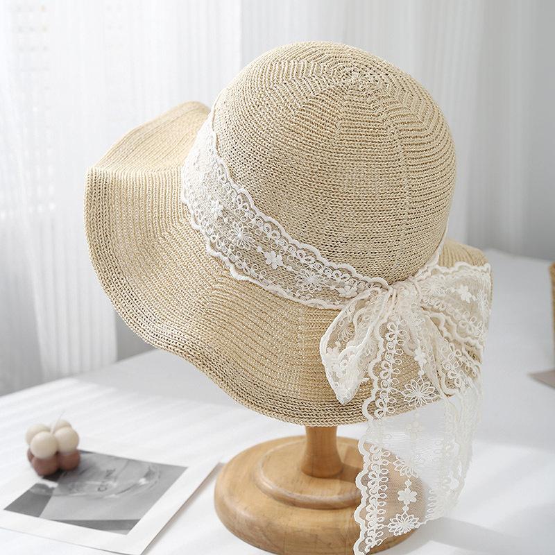 French Lace Bow Streamer Bucket Hat Women's Summer Outdoor Vacation Visor Retro Trendy Knitted Hat