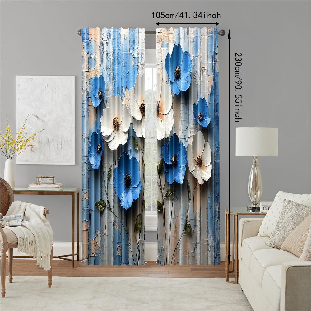 2 Stück, vielseitige transparente Polyestervorhänge zur Heimdekoration Pastoral Blau und Weiß Floral zur Verwendung in Schlafzimmern und
