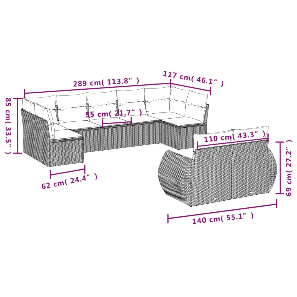 Vidaxl 9-Cz. Gartenmöbel-Set mit Kissen, Braun, Polyrattan