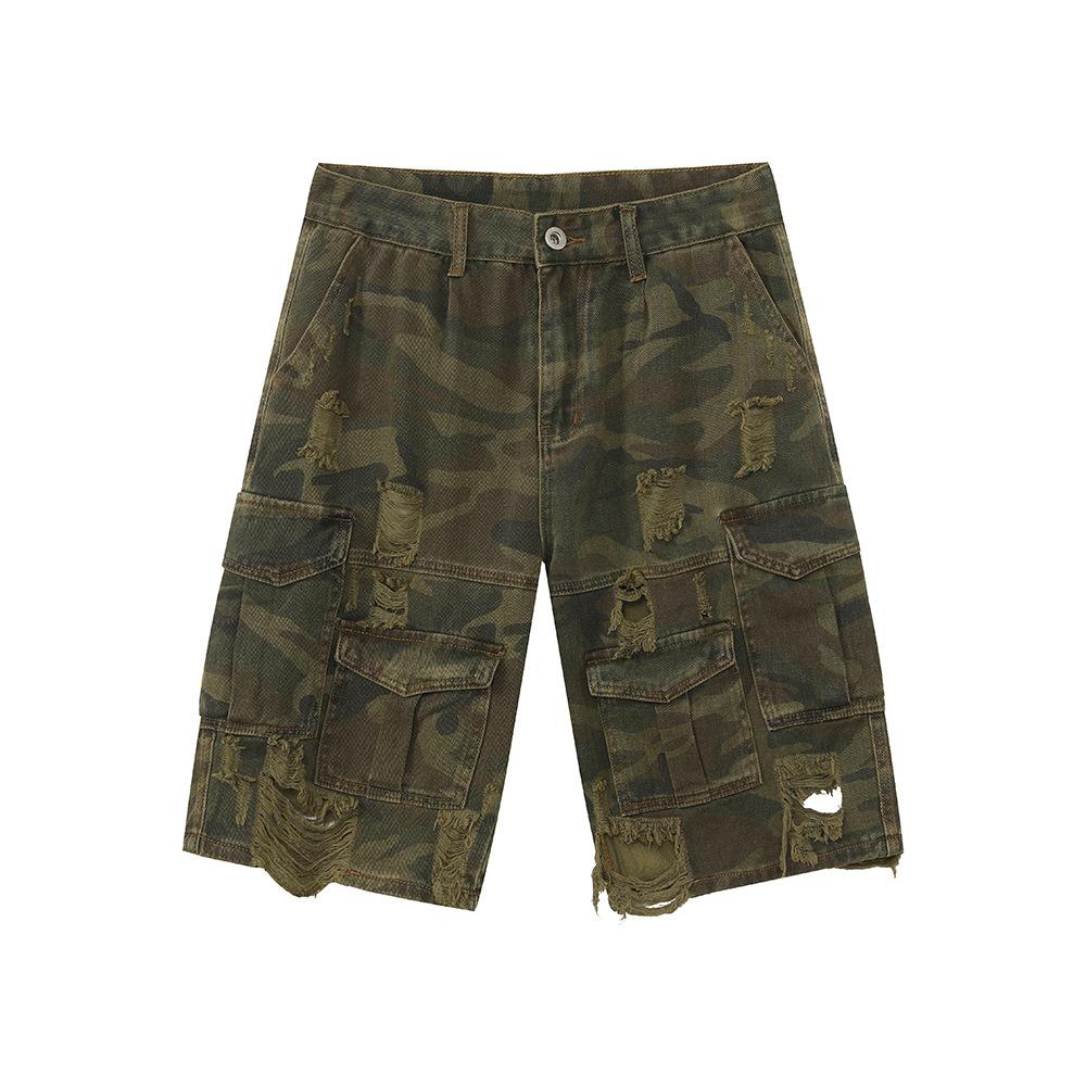 Men's Clothing | Vintage High Street Camouflage Ripped Overalls Men's Loose Pockets Frayed Old Shorts