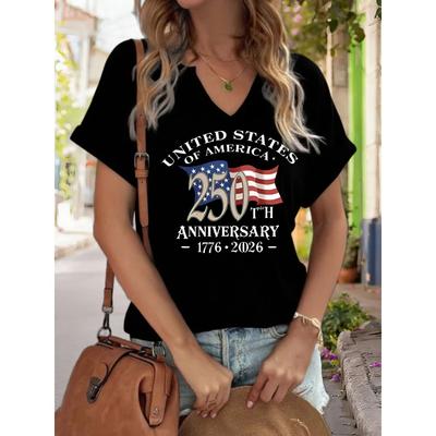 Women's V-Neck "USA 250th Anniversary 1776-2026" Graphic Tee, American Flag Print T-Shirt, Casual Patriotic Short Sleeve Top