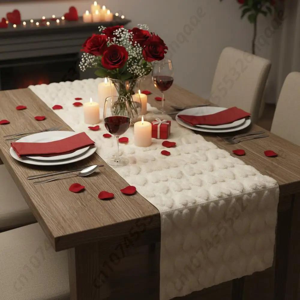 Soft Flannel Long Table Runner Valentine Day Faux Fur Table Runner Plush Jacquard Heart Desk Runner for Festive Holiday Decor