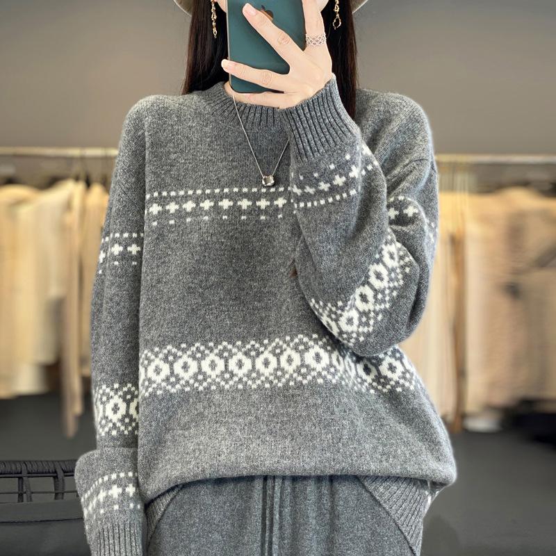 Mall-Stil Dicker Reiner Wollpullover für Damen - 100% Wolle Locker Gestrickt Vielseitiges Oberteil