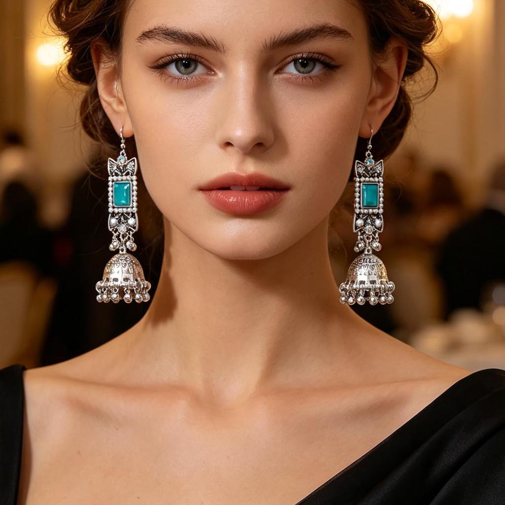 Retro Ethnic Tassel Bell Earrings with Square Rhinestones for Women - Bohemian Fashion Jewelry