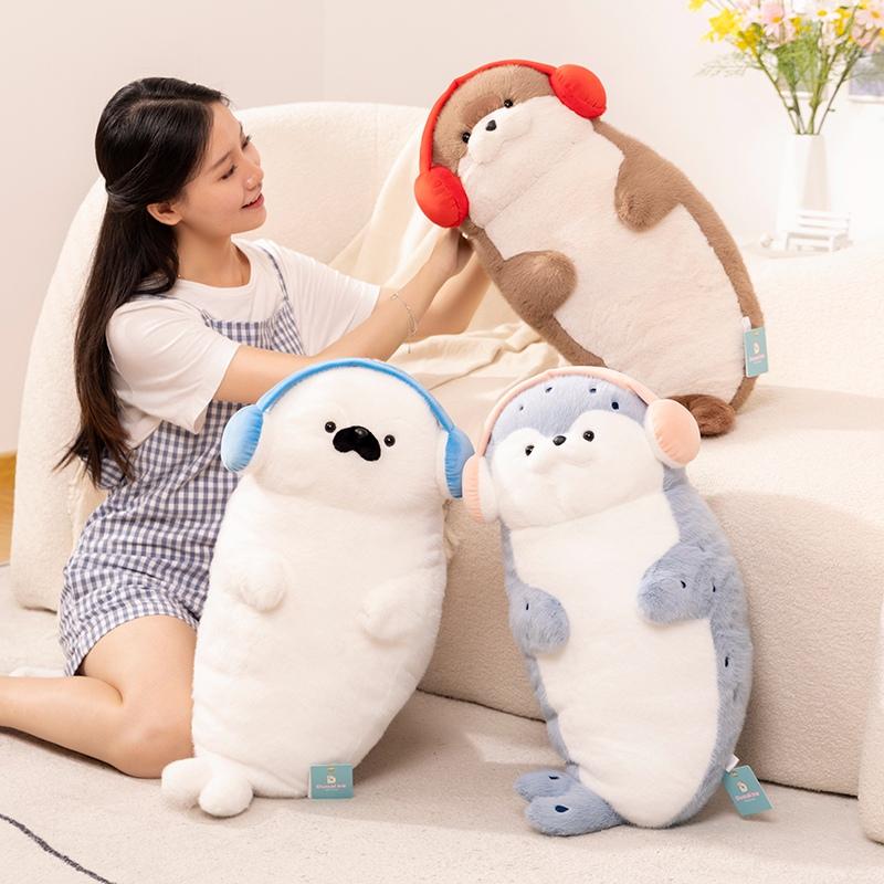 Cartoon 40/70cm Seal Sloth Stuffed Animal Soft Dolls Wear Headphones Pillows Toys Baby Comfort Doll Girls Boys Birthday Gifts