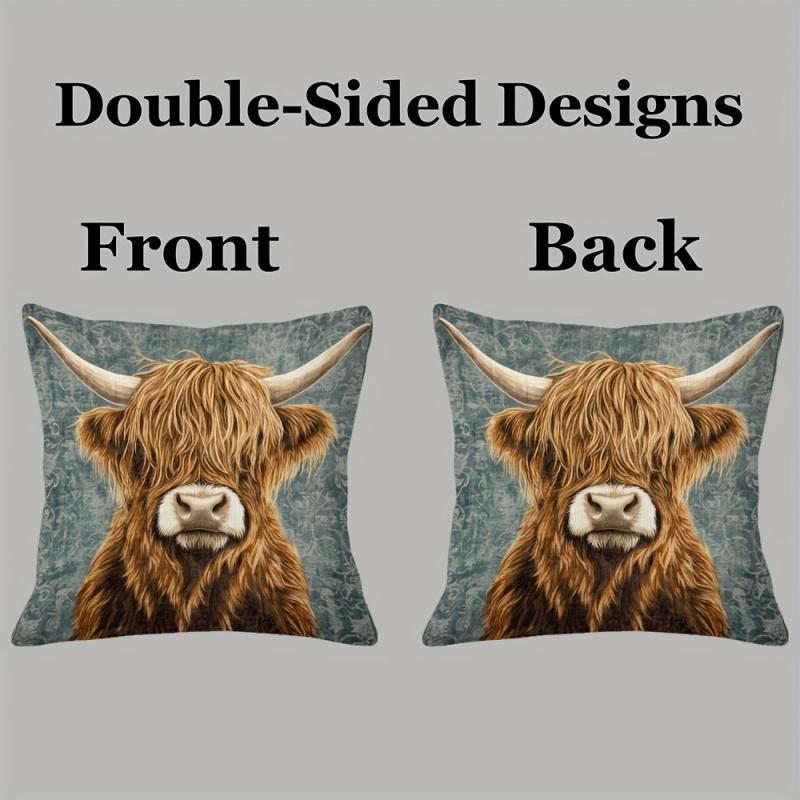 Exquisite Ornaments Unisex Vikama Highland Cow Portrait Pillowcase - Elegant Decorative Cushion Cover Hand Washable For Sofa Bedroom Office
