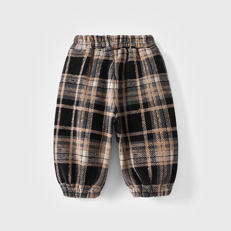 Brand Kids' Autumn/Winter Fleece-Lined Plaid Cuffed Pants for Boys - Thick and Warm