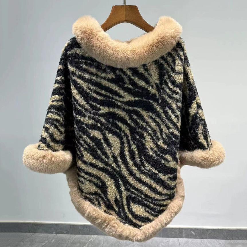 

Винтажный платок с узором «зебра» Осень/Зима Новый Большой мохнатый воротник Нестандартный плащ с капюшоном