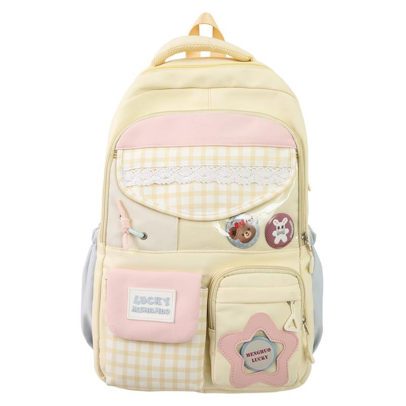 Plaid Backpack Junior High School Student Lightweight Schoolbag Color Block Large Capacity Backpack