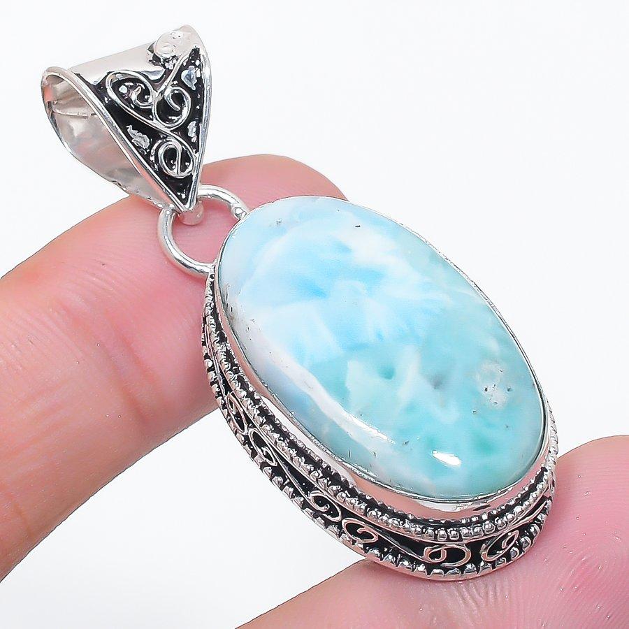 Natural Larimar Gemstone Handmade 925 Sterling Silver Jewelry Pendant 1.97" c4B14