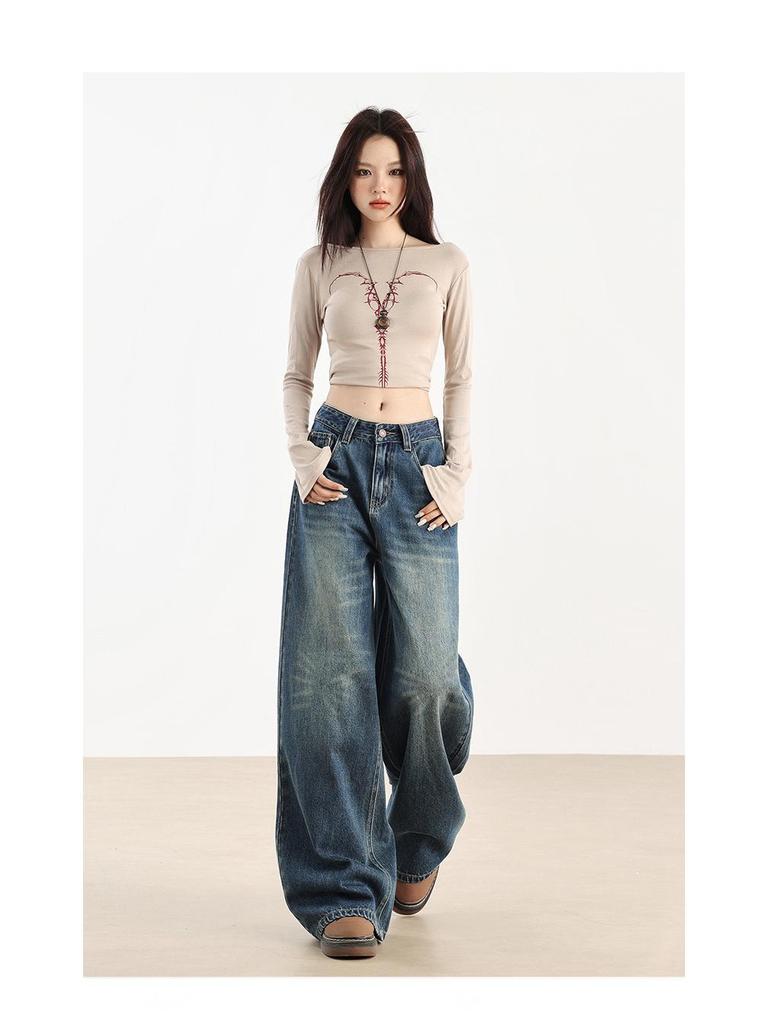 Women's High-Waist Retro Blue Wide-Leg Jeans - Autumn/Winter 2025 Collection.